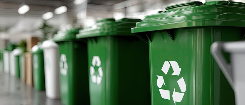Row of green recycling waste receptacles lined up in a clean urban setting promoting sustainable waste management practices