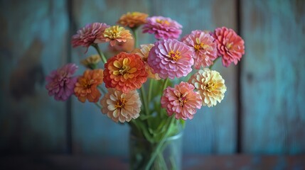 A softly blurred bouquet of pastel zinnias