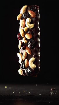 A protein chocolate bar with nuts and dried fruit pieces flies and falls in slow motion against a dark background.