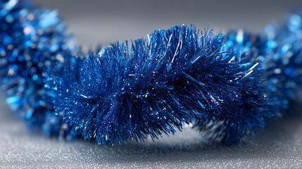 A close up of a shiny blue christmas tinsel garland on a glittery surface