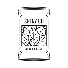 Hand drawn illustration of a package of fresh organic spinach leaves