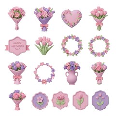 Happy Mothers Day floral collection with bouquets and wreaths for holiday design