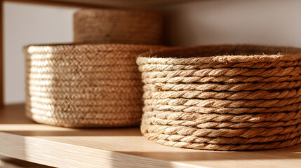 Fototapeta premium Woven Baskets on Shelf: Warm sunlight casts intricate shadows on handcrafted baskets, their textured surfaces a testament to rustic simplicity and home decor.