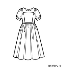 Fashion illustration of a classic puff sleeve midi dress with a square neckline
