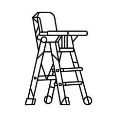 Simple outline drawing of a vintage wooden high chair with tray and wheels