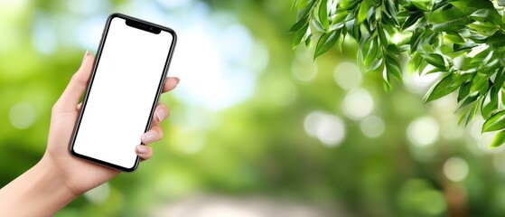 Hand holding a smartphone against a bright green screen in a cheerful outdoor setting with a soft light background