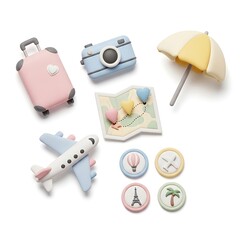 Travel themed flat lay featuring pastel colored travel icons