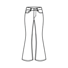 Fashion illustration of classic flared denim jeans with a high waist and pockets