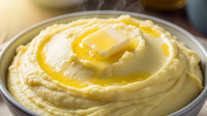 Close-Up of Creamy Mashed Potatoes with Melting Butter in Warm Yellow Light