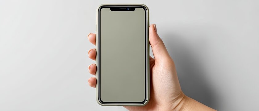 Woman holds smartphone with blank screen against a white and light gray background for digital mockup display