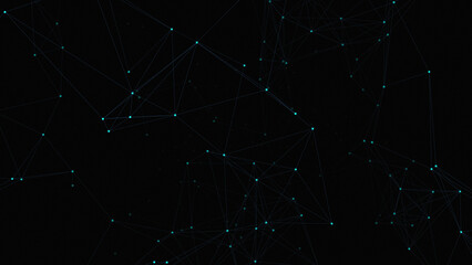 Abstract teal plexus network with geometric dots and lines on black background. Concept of digital technology, blockchain data, science and global communication