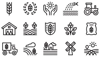 Clean line-style agricultural icons representing harvest, fields, and rural elements