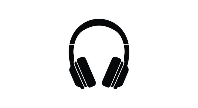 A stark black outline of modern over ear headphones against a plain white background silhouette