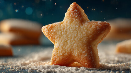 A close up of a star shaped cookie dusted with powdered sugar on a surface