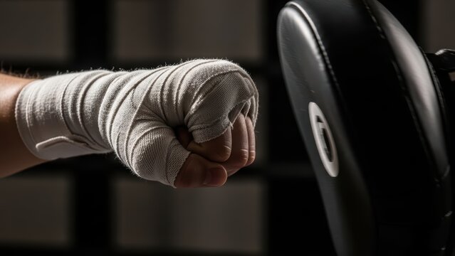 Close-up of hand-wrapped fist hitting boxing pad in training session - Powered by Adobe