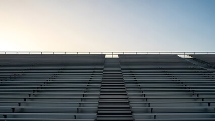 Naklejka premium Empty rows of metal stadium bleachers stretching upwards against a clear vast sky creating strong linear patterns