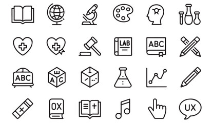 Fototapeta premium Comprehensive academic icon pack covering science, art, UX, law, and basic education concepts
