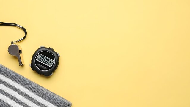 Silver whistle black digital stopwatch and striped towel on a bright yellow background Flat lay composition