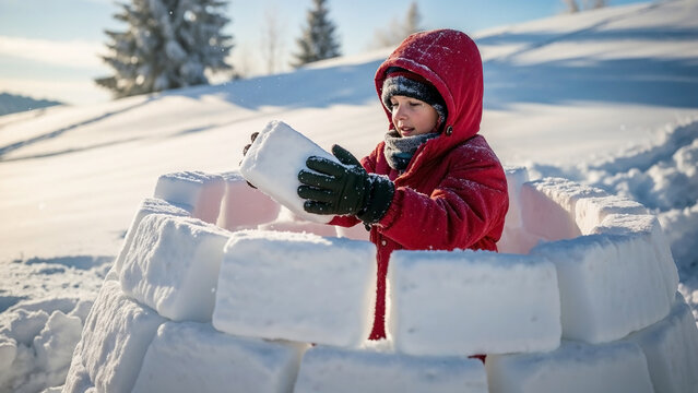 Little boy is building igloo from snow blocks in winter landscape, creating ice shelter. This child building igloo is a fun activity for a sunny winter day.