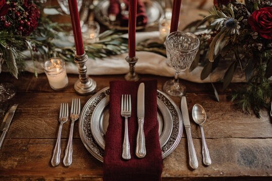 Elegant table setting with silverware, candles, and floral arrangement center - Powered by Adobe