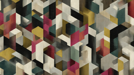 Abstract geometric pattern featuring stacked, interlocking cuboids in various muted colors like teal, mustard, magenta, and beige, with a textile texture.