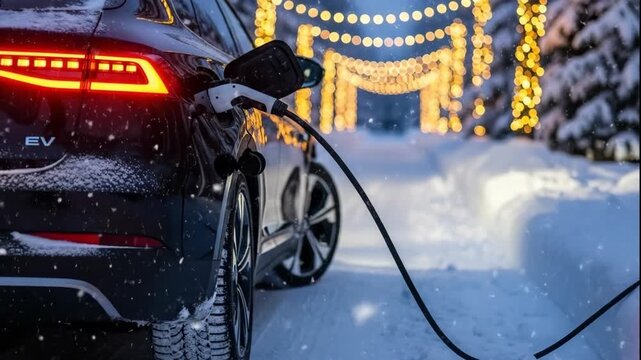 Electric vehicle charging in winter landscape, surrounded by snow-covered trees and festive lights, showcasing modern technology and eco-friendly transportation in a serene environment.  - Powered by Adobe