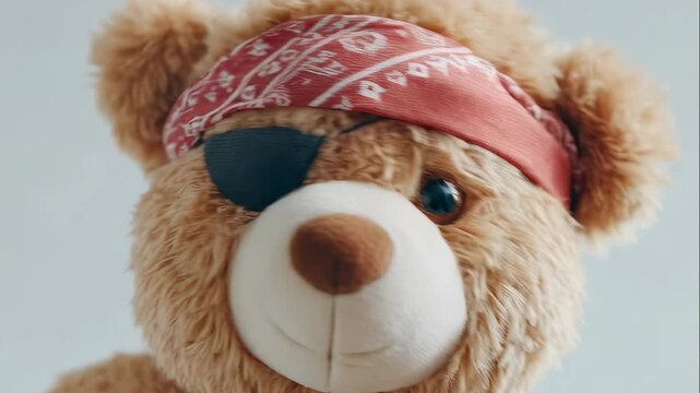 Close up view of a plush teddy bear toy with a red bandana and an eye patch, representing adventure concept