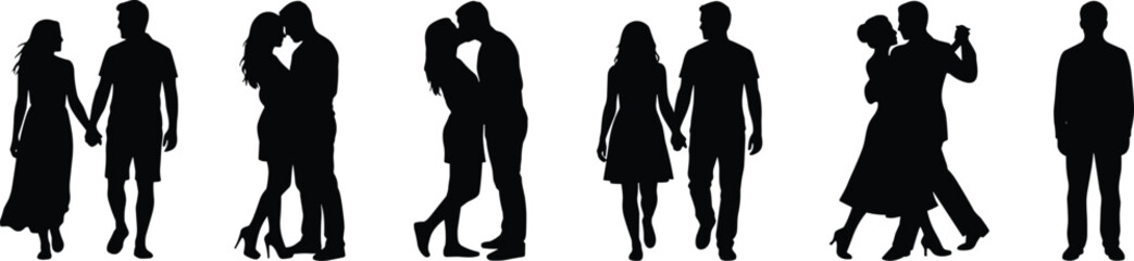 Romantic couples silhouettes collection, vector set of lovers walking, dancing, and kissing, isolated black figures on white background design