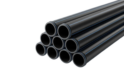 Stack of black plastic pipes on a dark background for industrial or construction use