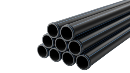 Stack of black plastic pipes on a dark background for industrial or construction use