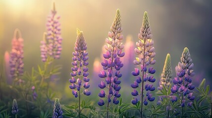 A vivid burst of pastel lupines captured against the backdrop of a foggy forest