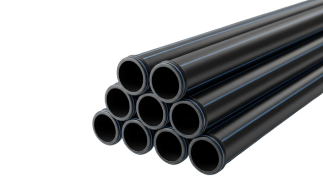 Stack of black plastic pipes on a dark background for industrial or construction use