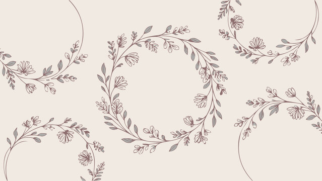 Seamless floral wreath pattern with delicate botanical line art on soft pastel background