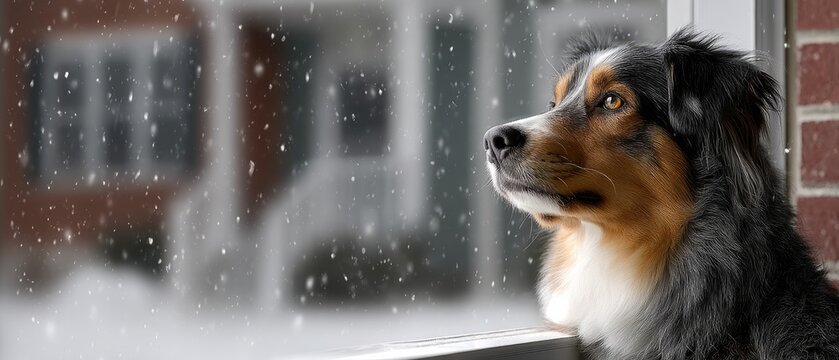 Dog gazes out the window while snow falls gently outside, creating a serene winter atmosphere in a cozy home environment