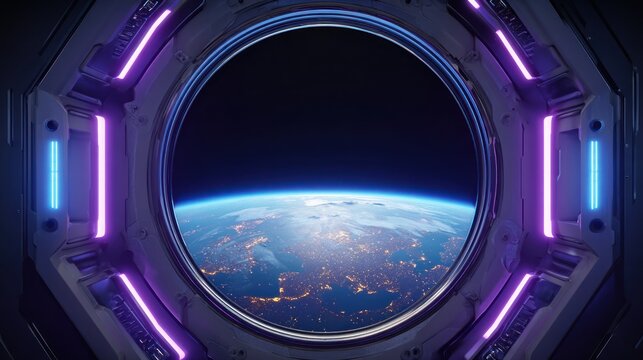 Earth seen through spaceship window