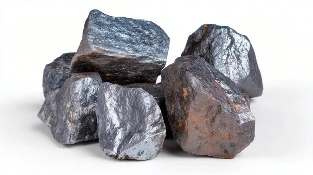 180Macro view of rough silver ore chunks on white background, smooth edges and granular textures captured in detail