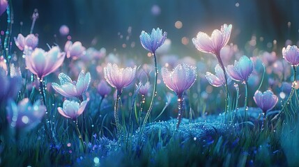 A whimsical HD shot of pastel-colored windflowers spread across a dewy meadow in the early morning