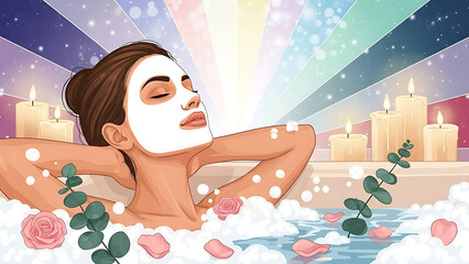 New year 2026 self-care: relaxing spa bath with face mask and candles silhouette