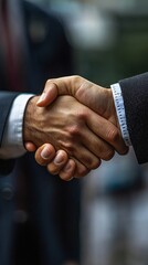 A close up of two people shaking hands wearing suits in a business or professional setting