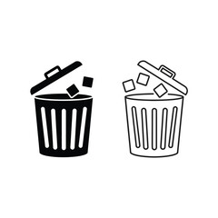 Trash can icon set with lid open and waste cubes falling in