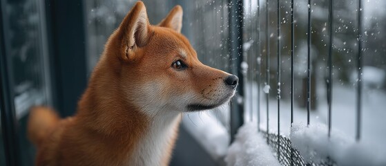Husky dog looks longingly through wire fence on a cold winter day with snow in the background