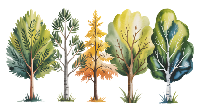 Watercolor trees create a natural and peaceful vibe, perfect for adding a touch of nature to your design projects or educational resources for children