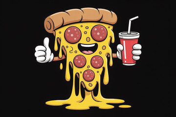 Delightful cartoon pizza slice giving a thumbs up while holding a refreshing drink, perfect for a fun food-themed design or playful culinary project