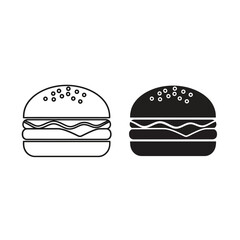 Burger icon set outline and solid black silhouette for fast food menu