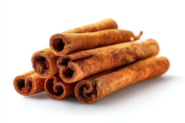 Aromatic and textured cinnamon sticks (quills) stacked pyramid style, isolated on a clean white background. Essential baking spice ingredient for holiday recipes.
