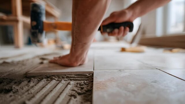 Man hand laying tile on floor with mallet. Home construction concept with ceramic tile installation for renovation project.
