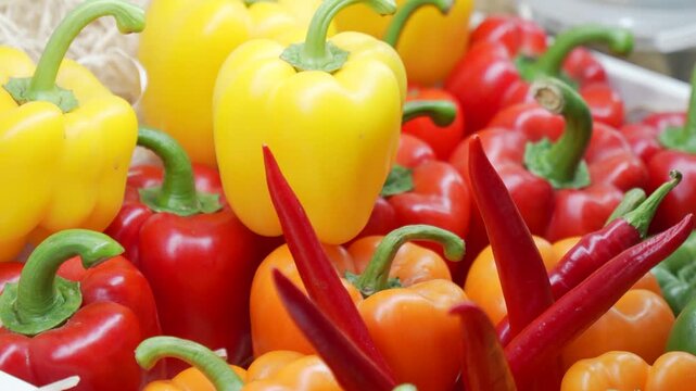 brightly colored sweet peppers on the counter in a wooden box