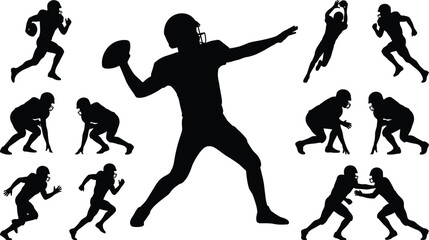 American football players silhouettes collection, vector action set including quarterback throwing ball, running, catching, tackling, and blocking poses