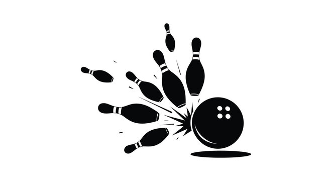 a dynamic depiction of a bowling ball striking pins in a striking silhouette