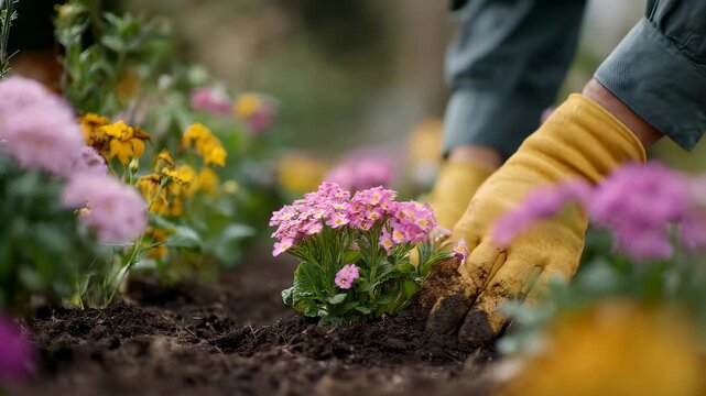 Woman hand making flower bed. Gardener planting blooming primrose flowers into soil. Spring horticultural hobby.
